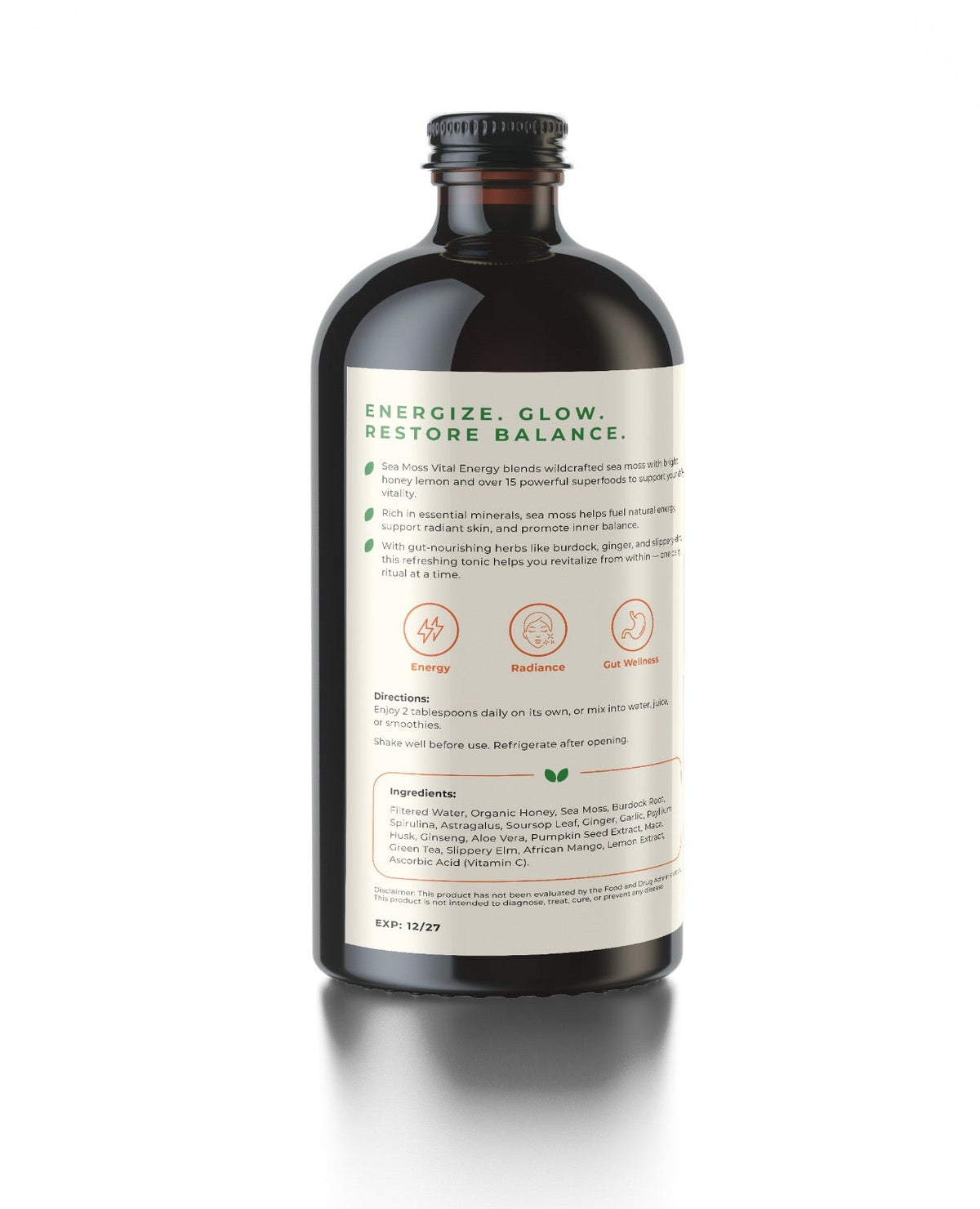 Sea Moss Vital Energy current ingredients and directions label