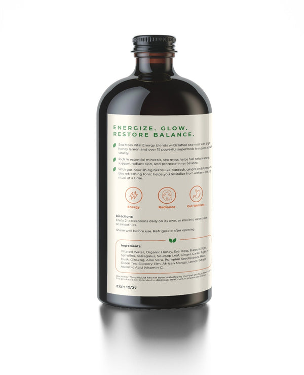 Sea Moss Vital Energy current ingredients and directions label
